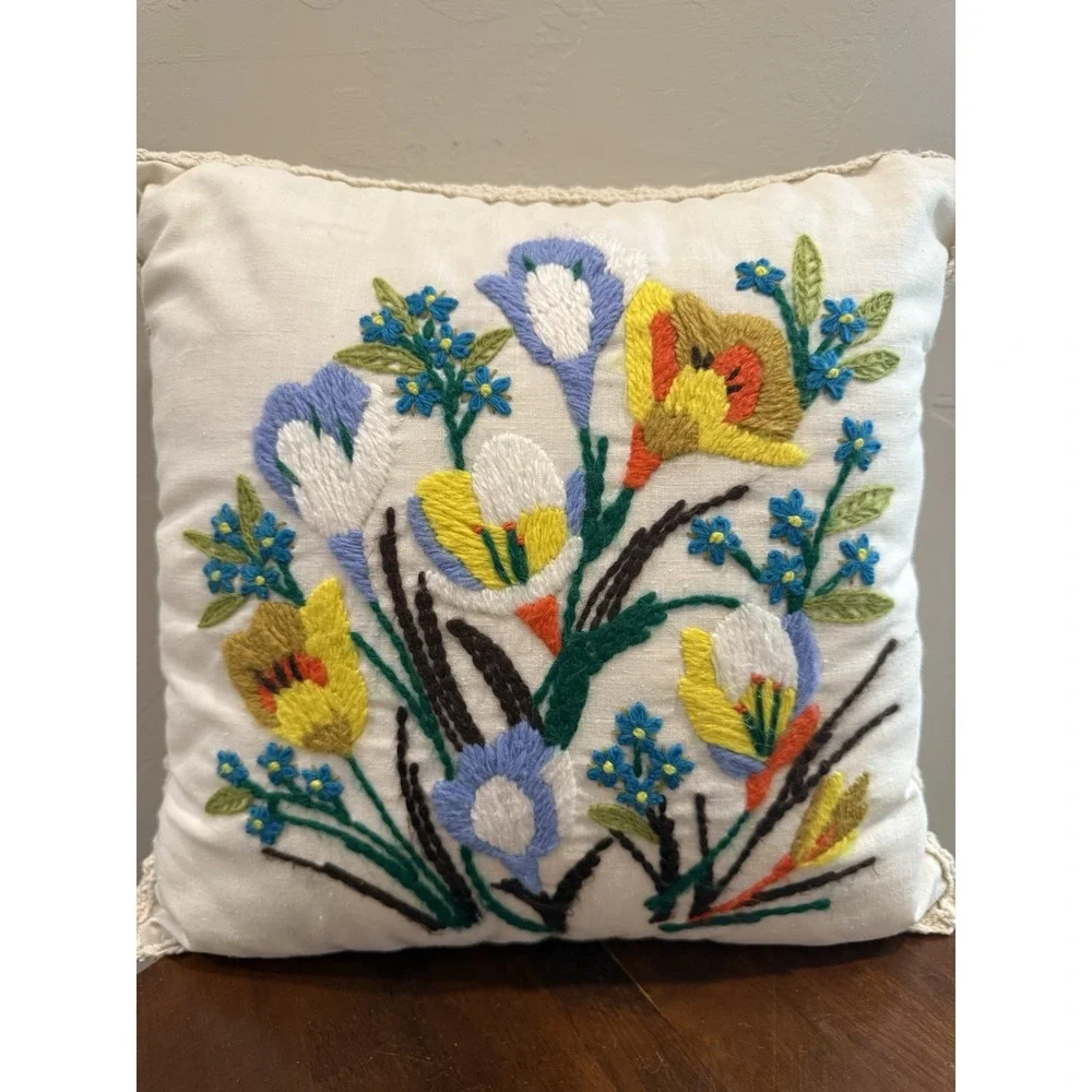 Vintage Hand-Embroidered Floral Throw Pillow with Crochet Trim 13